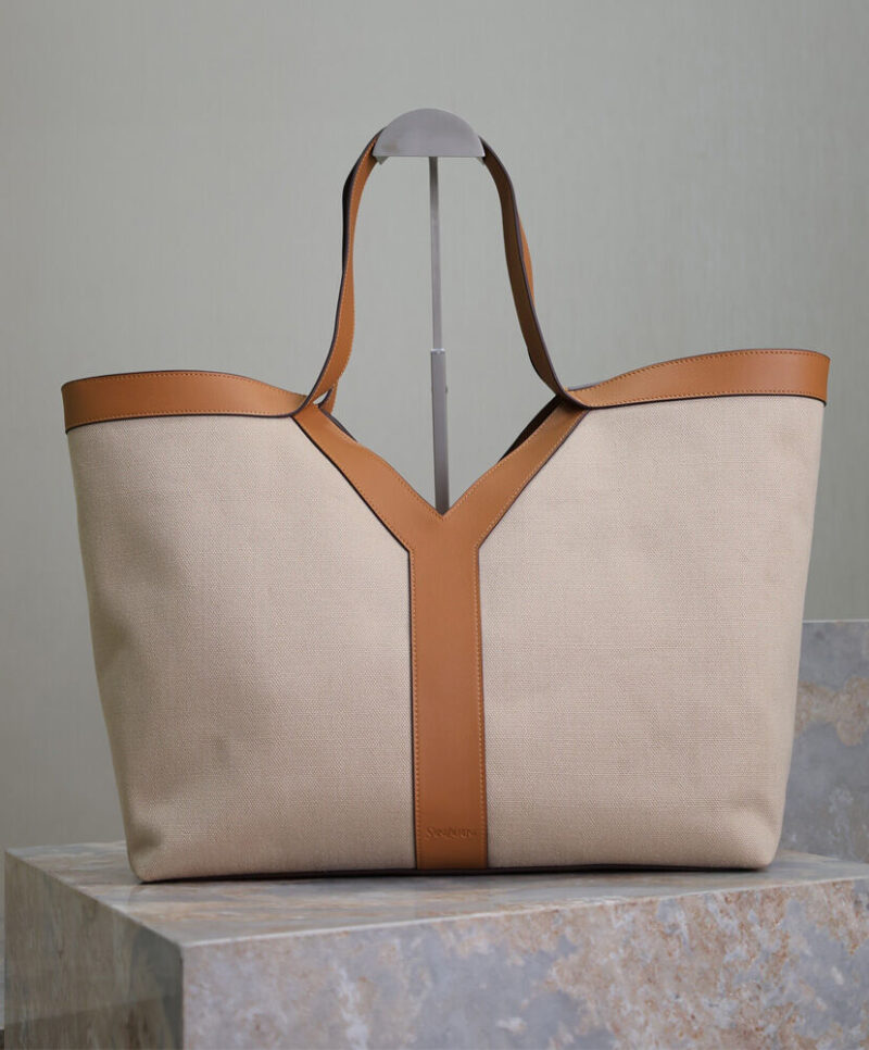 Saint Laurent Y Leather And Canvas Tote Bag Coffee
